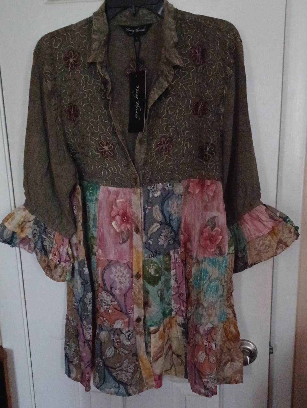 Floral Patchwork Button-Front Tunic in Olive and Multi